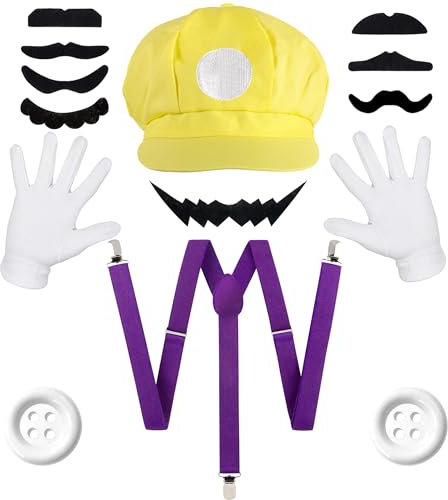 iZoeL Mario Kostüm Accessories, Gelbe Mario Mütze Hut Schnurrbart Handschuhe Knöpfe Hosenträger Herren Damen Faschingkostüme Karneval Halloween Cosplay Mottoparty Kostüm