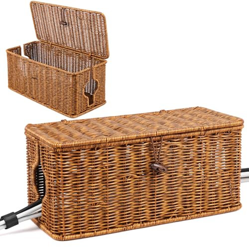 UOMTFAI Cable Organzier Box, Handwoven Imitation Rattan Power Strip Cover Cable Management Box, 2 Open Slots Cord Organizer Cord Storage Basket for Computer Router USB Hub and Power Strip