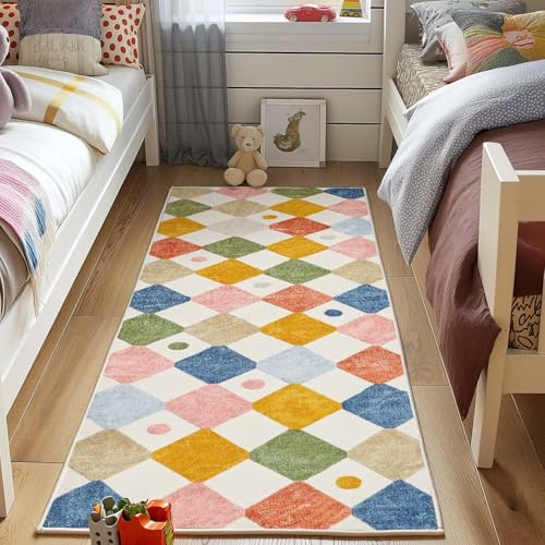 TOPICK Teppich Fußmatte Waschbar Fussmatte Innen Außen Kurzflor Weich Modern Rauten Teppich 90x150cm Geometrischer Antibakterieller Faltbar rutschfest Türmatte für Eingangs Küche Kinderzimmer Beere