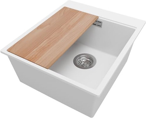 PRIMAGRAN Evier Cuisine en Granit Blanc 43x50cm, Lavabo 1 bac + Kit de Vidage + Planche à Découper, Évier à Encastrer al mueble 45cm - Oslo S090