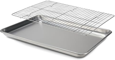 Bandeja de horno con rejilla de refrigeración, 46 x 33 cm, bandeja de aluminio y rejilla de acero inoxidable, ideal para galletas, pan y más