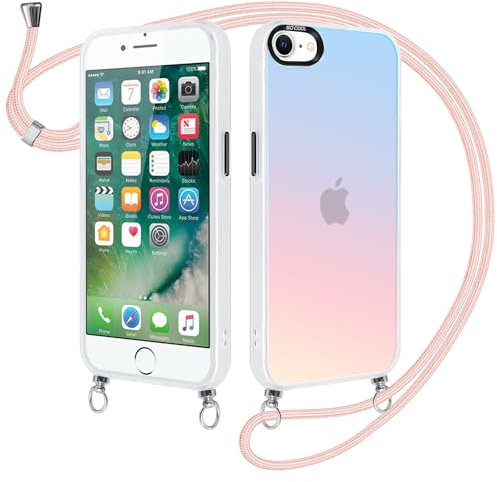 Xylota Handykette für iPhone 7/8/SE2020/2022 4,7 Hülle mit Band,Glitzer Bunt Matt Handyhülle [Farbwechsel-Effekt],Bumper Case mit Kette Kordel,TPU Stoßfeste Schutzhülle für iPhone 8 zum Umhängen,Rosa