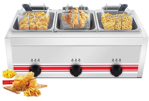 GZGHRZQS Friteuse à Gaz Simple Ou Double Cuve 10l/20l/30l en INOX - BrûLeurs IndéPendants, Double RéServoir, avec Paniers Et Couvercle, Nettoyage Facile IdéAle pour Professionnels Et Particuliers