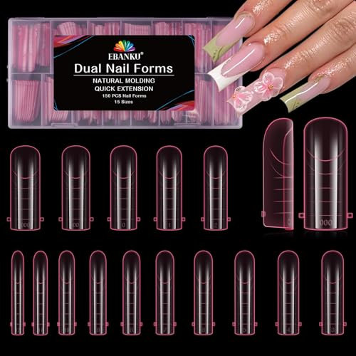EBANKU 150PCS Poly Gel Nail Forms, Reusable Dual Forms for Polygel Pink Long Mold Acrylic Nail Extension Tool for Home Salon Manicure, 15 Sizes(Square)