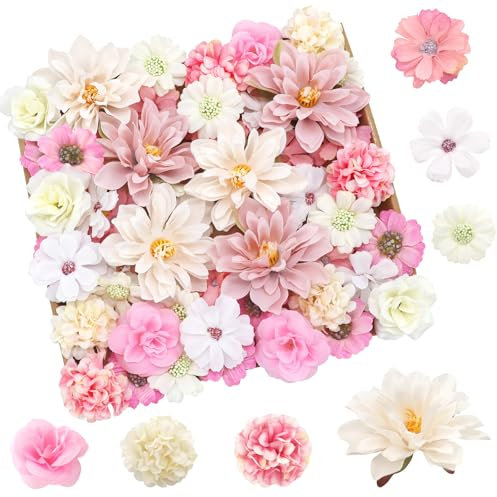 YSUVIN 50 Stück Kunstblumen zum Basteln, Rosa Weiß Künstlich Blütenköpfe, 10 Arten von Kunstblumen zum Basteln, Tortendeko Blumen, Blumen Deko für DIY Handwerk Hochzeit Party Home