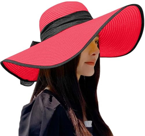 2025 Chapeaux de plage pour femmes Grand chapeau de paille à large bord Chapeau d'été pliable enroulable Chapeau de soleil à grand bord, Rouge pastèque, taille unique