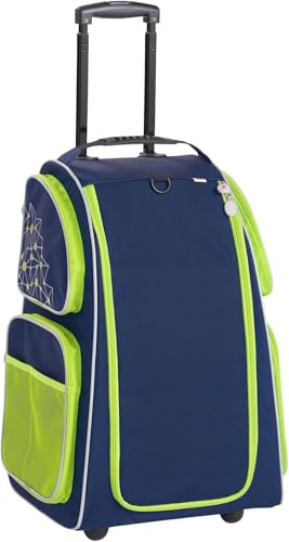 HABA Kinder-Schranktrolley Dunkelblau mit 2 Rollen – Kinderkoffer aus recyceltem Polyester mit Schmutzwäschebeutel, 3 herausnehmbaren Böden und 4 Reißverschluss-Außentaschen – 2012725001