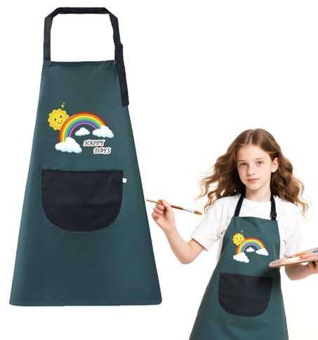 Malschürze Kinder, Schürze Kinder Schule Mit Taschen, Dunkelgrün Malkitte | 11-15 Jahre Kinderschürze, Mal Schürze Schule Verstellbar, Wasserdicht Bastelschürze Junge, für Malerei Kochen Backen