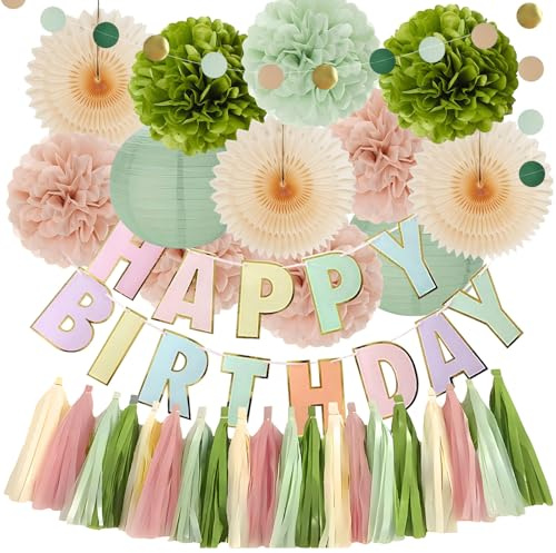 Geburtstagsdeko Salbeigrün Hellrosa Papierfächer, Papierlaterne, Pompons und Happy Birthday Banner für Frauen und Mädchen