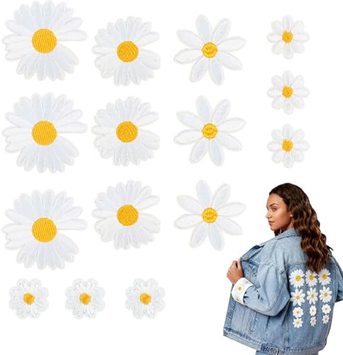 JAXICREY 15 Stück Patches zum Aufbügeln, Flicken zum Aufbügeln Gänseblümchen Kinder Bügelbilder Bügelflicken Aufnäher Blumen Bügel Patches zum Aufnähen Aufbügelbilder für Jeans Jacken Rucksäcke