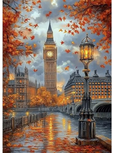 QENSPE 5D Diamond Painting Big Ben Diamant Painting Bilder Ahornblätter Diamond Art Erwachsene Full DIY Diamant Kunst Malerei Kristall Stickerei Set Home Wand Dekor (30x40 cm Leinwand)