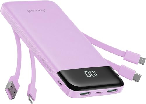 Charmast Portable Charger with 4 Built in Cables, 10000mAh Power Bank 6 Outputs 3 Inputs with LED Display, Travel Essential USB C Battery Pack Compatible with Smartphones Tablets and More