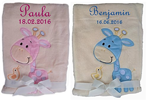 Babydecke beige Giraffe mit Namen bestickt Taufe Baby Geburt (rosa)