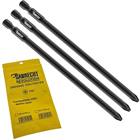3 x SabreCut SC141PZ2_3 141mm PZ2 kompatibel mit Makita 6834 P-66282 Trockenbau-Schraubendreher-Pistolenbit mit automatischem Vorschub einseitig Pozi Nr. 2 robust