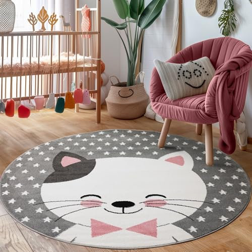 Carpettex Kinderteppich Katze Design Pink 120 cm Rund - Kurzflor Teppich Kinderzimmer für Mädchen und Jungen Pflegeleicht Weich - Waschbarer Spielteppich Babyteppich Gaming Teppich Babyzimmer