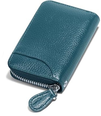 Womens Credit Card Holder Wallet Zip Leather Card Case RFID Blocking Ladies Small Blocked Accordion Wallets with Stainless Steel Zipper Woman Compact Accordian ID Cards Bag Sea Blue