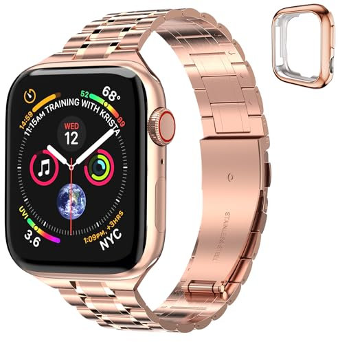 chuangshiji Bracelet Compatible avec Apple Watch 42mm 44mm 45mm Réglable Montre en Métal en Acier Inox pour iWatch 9 8 7 6 5 4 3 2 1 SE Series de Apple Watch Band, Femme Hommes, Or rose