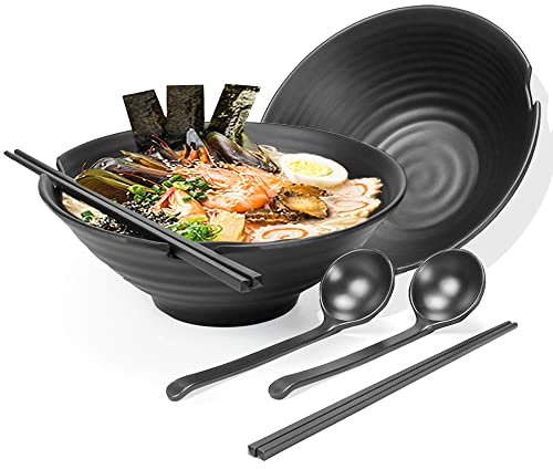 2 Set Large Noodle Ramen Bowl - Plastic Japanese Picnic Tableware for Pasta Dishes Salad Udon Soup Soba Pot Noodles Bowls 2×1100 Ml Bowl Chopsticks Spoon Sets Suit for Dinner Christmas Birthday Gifts