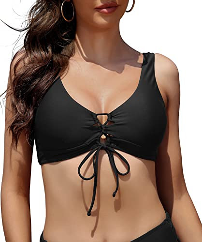 SHEKINI Damen Bademode U Ausschnitt Verstellbar Kreuz Schnürung Bikini Oberteil Rückenfrei Breite Träger Badeanzug(S, Schwarz)