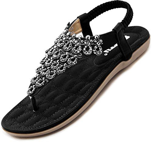 Acfoda Sandales Femme Été Chic Plates Confortable Bohême Chaussure Léger Mules Tongs Orthopédiques Sandalette Cuir nus pieds avec Strass Noir 42