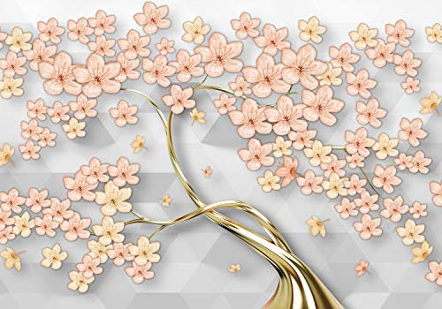 wandmotiv24 Fototapete Blütenbaum rosa gold, XL 350 x 245 cm - 7 Teile, Wanddeko, Wandbild, Wandtapete, Kirschblüte Dreieck grau Baum Blüte M6613