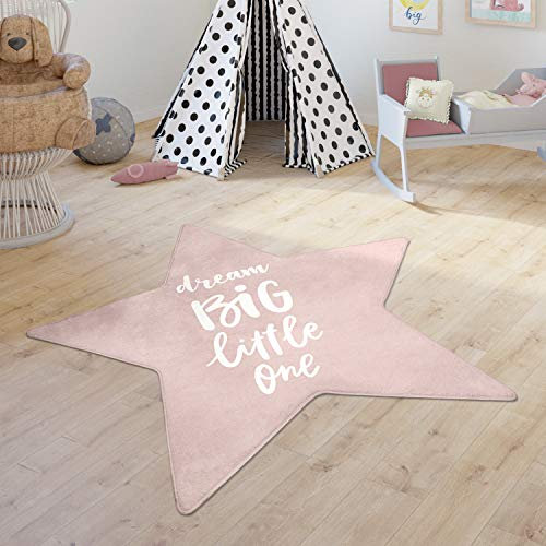 Paco Home Kinderteppich Teppich Kinderzimmer Spielmatte Babymatte rutschfest Modern Sterne Schriftzug, Grösse:120 cm Stern-Form, Farbe:Pink