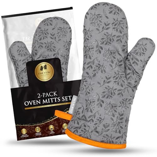 Premium Oven Mitts - 500°F Heat Resistant - Non Slip Textured Silicone Grip - Washable Gloves for Cooking Baking - Flexible Soft Terry Cloth Cotton Lining - Set of 2 by Cook'n'Chic