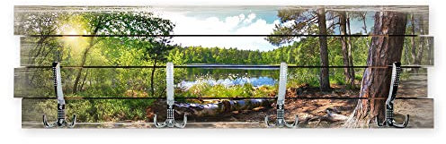 Wandgarderobe Wald See aus Holz im Shabby-Chic-Design farbig bedruckt ca. 30x100cm 4 Doppel-Haken Made in Germany (Wald-See)