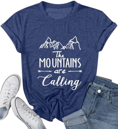 Hiking Shirts Mountains Graphic T Shirts for Women Cute Hiking Outfits Plus Size Graphic Tees Climb Womens Cotton T Shirts Ladies Tops and Blouses, Navy Blue L