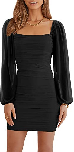 Wenrine Women's Dress Mesh Long Sleeve Square Neck Party Dress Ruched Club Cocktail Bodycon Mini Dress(Black,S)