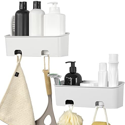 Shower Caddy - Rust Proof, No-Drilling, No Suction Cups - Easy to Remove Wall Mounted Bathroom Organiser Storage Shelf (White - 2 Pack)