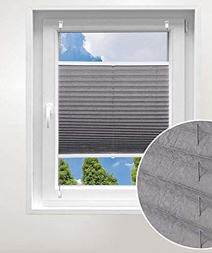 Laneetal Plissee ohne Bohren Klemmfix, Jalousie Faltrollo Crushed Optik, Grau 85 x 100 cm, mit Spannschue für Fenster und Tür, Easyfix klemmträger und verspannt, Sonnen-, Sicht- & Schallschutz