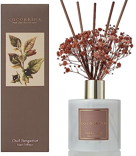 COCORRÍNA Raumduft Reed Diffuser mit 8 Duftstäbchen 200ml- Oud Bergamotte, Natürlich, Langanhaltend, Home Duft ätherisches Öl Reed Diffusor für Badezimmer Regal Dekoration