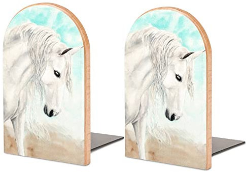 Serre-livres pour étagères pour contenir des livres, aquarelle, imprimé cheval blanc, petits bouchons de livres antidérapants en bois, décoration pour la maison, le bureau