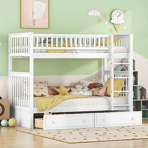 Kayan Etagenbett Kinderbett 90x200cm mit 2 Schubladen, Etagenbett mit Rausfallschutz und Lattenrost, umbaubar in Zwei Kinderbetten, Funktionsbett Hochbett Kinderbett (Weiß)