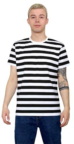 Grunge Wear® Men Women's Striped T-Shirt - Unisex Crew Neck Short Sleeve Stripes T-Shirt Casual Summer Top (Black-White, Large)