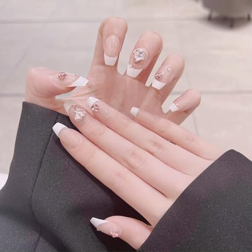 CATKIN 24PCS Short False Nails with Glue Stickers, Press on Nails no Glue for Women Girls Medium Square Decoration Fake Nails