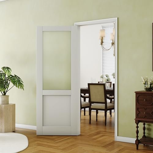 Lakenyon Half-Frosted Glass Interior Door, 30x 80, Finished Door Panels for Wardrobe & Bedroom, Single Pantry Door Slab, MDF, White Primed