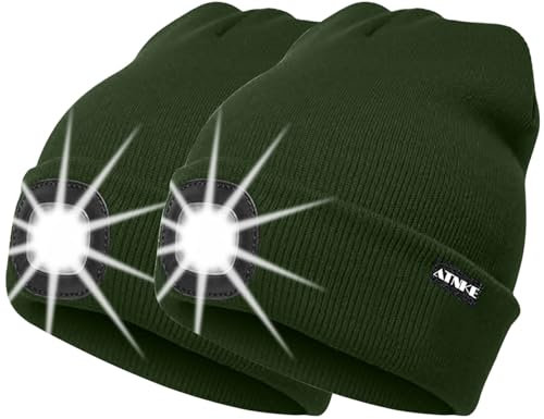 ATNKE 2Pcs Neue Warme LED beleuchtete Mütze,Unisex USB wiederaufladbare Laufmütze Ultra Bright 4 LED wasserdichte Lichtlampe Mehrfarbig/Dark Army Green