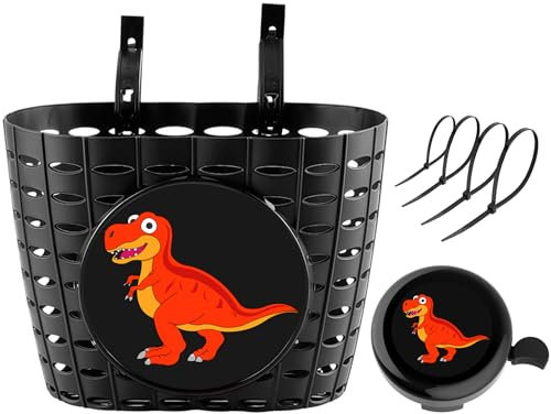 YeloYolker Jungen-Fahrradkorb mit Klingel, niedlicher Dinosaurier-Fahrradkorb für Kinder, Kleinkinder, Kunststoff-Lenkerkorb vorne für Roller, Dreirad(T-Rex)