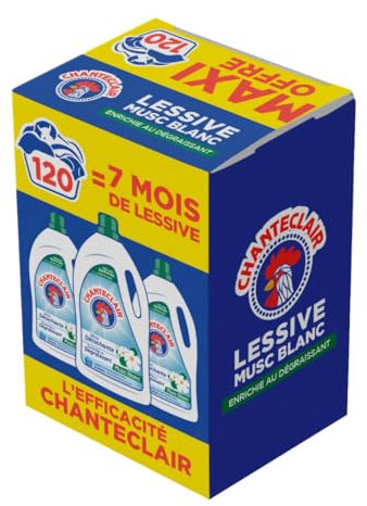 Chanteclair - Lessive Liquide Concentrées Musc Blanc, Enrichie au Dégraissant, Ultra Détachantes et Efficaces aussi à Froid, 40 lavages - 1800 ml x 3