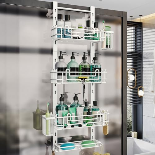 HapiRm Verstellbare Duschablage zum Hängen - 4 Etagen Duschregal zum Hängen | Dusch Hängeregal über der Tür, Duschregal Hängend mit 22 Haken & 2 Zahnbürstenhaltern, Duschkorb für Shampoo, Conditioner