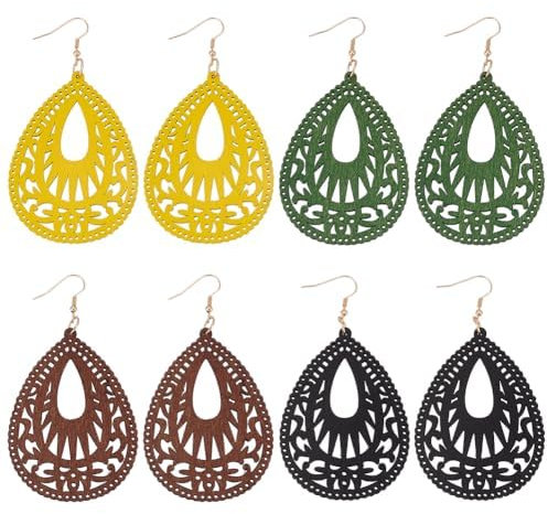 ANATTASOUL 4 Paar Geometrische Holzohrringe Böhmische Fächerförmige Holzohrringe Antike Hohlohrringe Vintage-Boho-Ohrringe Für Frauen Retro-Ohrhänger Schmuck Ohrring-Tropfen