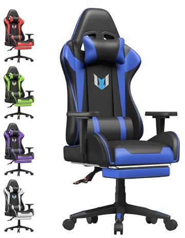 bigzzia Sedia Gaming,Sedia da Ufficio Ergonomica,Pelle di PU Poltrona per Gamer con Cuscino Lombare e Poggiatesta,Gamer Poltrona Altezza Regolabile per L'ufficio di Casa (Con poggiapiedi, blu)
