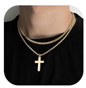 sailimue Cross Necklace for Men - Layered Cross Chain Stainless Steel Crucifix Pendant Gold Black Silver 16-24 Inch - Snake Rope Cuban Link - Gift Box Included, 16-18 inch, Metal, Cubic Zirconia
