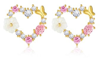 Mesovor Gold Ohrstecker Ohrringe Damen, 18 Karat Vergoldet Mädchen Ohrringe mit Hübscher Schmetterling Bunte Blumen Perle für Partei, Hochzeiten (Gold-Liebe)