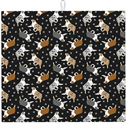 Geschirrabtropfmatte 41x46cm, Australische Schäferhunde Und Pfote Abtropfmatte Für Die Küche Saugfähige Spülbeckenmatte Rutschfester Geschirrunterlage, Für Weingläser, Küchentheke, Küche