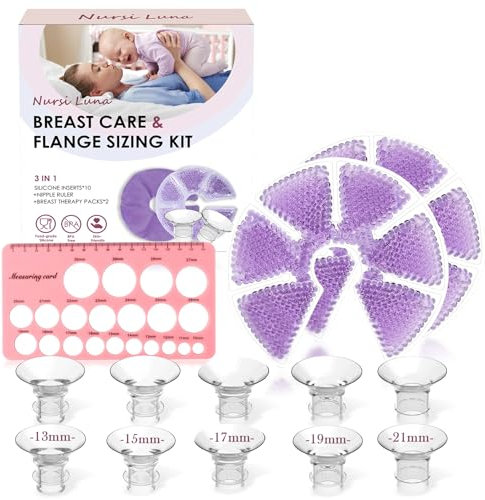 Nursi Luna Flange Sizing Kit with Flange Inserts 13/15/17/19/21mm 10PCS, Nipple Ruler Tool, 2 Hot and Cold Breast Therapy Packs, Flange Insert for 24mm Pump, Breastfeeding Essential Kit for New Moms
