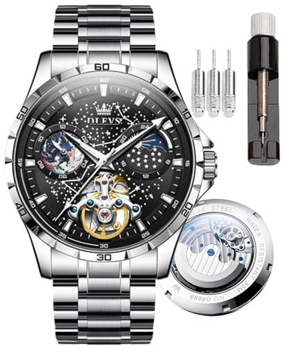 OLEVS Reloj de pulsera automático para hombre, diseño de esqueleto de cielo estrellado, Tourbillon, cuerda automática, resistente al agua y luminosa, correa de reloj de precisión de acero inoxidable,