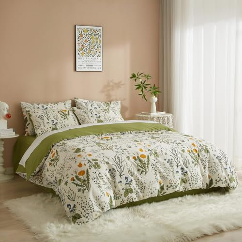 Luowei Blumen Bettwäsche 135x200 Baumwolle 2-Teilig Bettbezug Weiß Grün Bettwäsche Sets 135 x 200cm mit 1 Kissenbezug 80x80cm Oeko-Tex Bettwäsche Set mit Reißverschluss